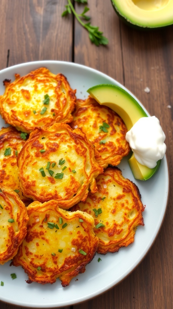 Crispy zucchini hash browns on a plate with avocado and sour cream.